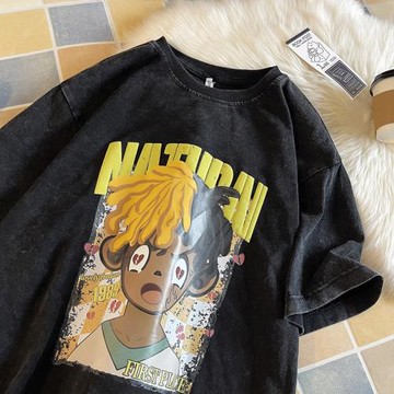 卡通印花短袖t恤男夏季潮流新款純棉上衣服美式復古重磅半袖體恤