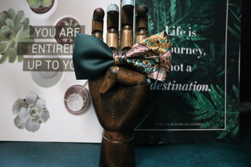 墨绿色双拼真丝领结走秀t台独特设计蝴蝶结