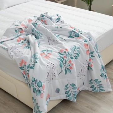 eyah 宜雅 蠶絲x石墨烯鋪棉涼被床包組 單人 粉瓣青葉 親膚透氣 舒適睡眠