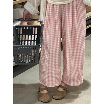 今年流行的格子褲小個子洋氣闊腿顯瘦夏日遛彎褲大碼胖mm粉色褲子