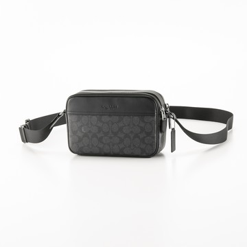 【COACH】經典款荖花撞色男款斜背包-黑灰