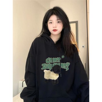 嬰兒絨衛衣女2023秋冬新款加絨加厚小個子冬季連帽外套黑色慵懶風