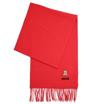 MOSCHINO 50124 M5293 電繡布章小熊羊毛流蘇長圍巾.紅