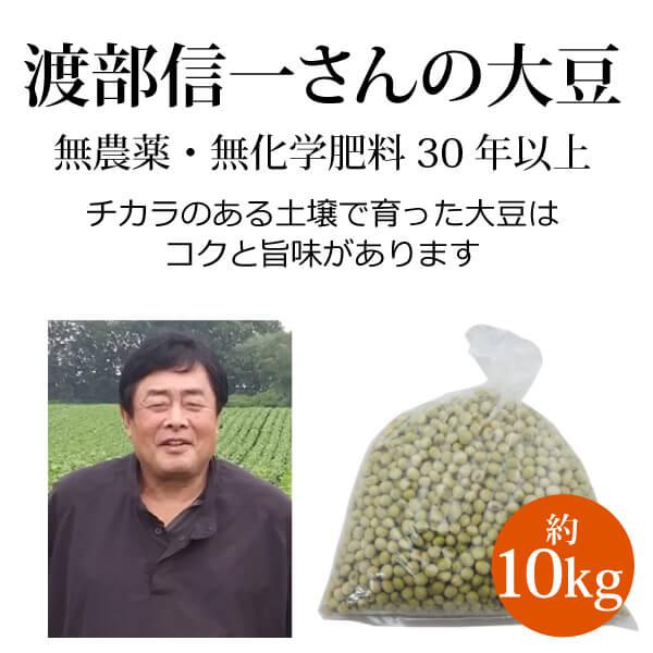 北海道産 無農薬大豆 渡部信一さんの大豆約10kg（約1kg×10袋） 品種は音更大袖 無農薬栽培30年の美味しい大豆 渡部さんは化学薬品とは無縁