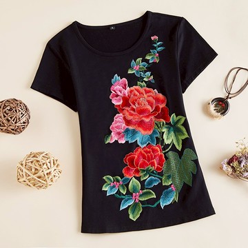 民族風女裝夏裝短袖t恤女刺繡 中國風大碼體恤文藝寬松半袖打底衫