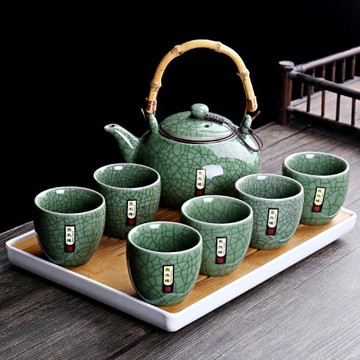 哥窯茶具大號提梁壺整套陶瓷功夫家用簡約泡茶壺一壺六杯配干泡盤