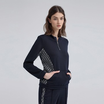 ILEY伊蕾 小花菱格紋立領拼接上衣(藍；M-2L)