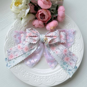 彈夾-獨家花邊蕾絲蝴蝶結髮夾-粉色玫瑰