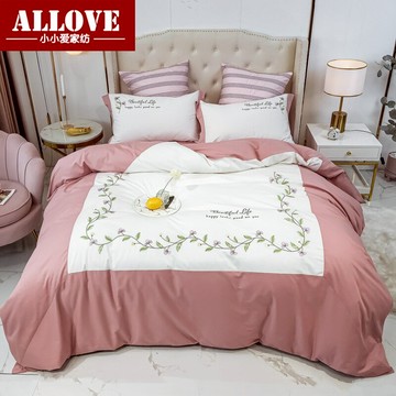 美式全棉床上用品四件套簡約大方純棉刺繡花被套公主風1.8m床