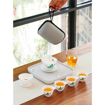 羊脂玉便攜式蓋碗茶杯白瓷旅行功夫茶具家用小套裝戶外泡茶快客杯