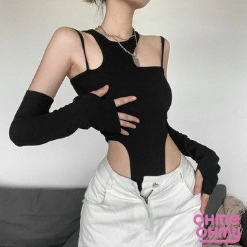 現貨G12/黑色純欲袖套連體衣/Bodysuit/個性黑色純色連體衣/歐美/陷阱妹/辣妹露腰連身衣/百搭性感/黑色背心