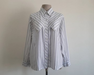 復古西部風格條紋純棉襯衫 白色 Oversize 長袖上衣 XL