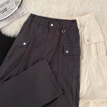2025半松緊多口袋褶皺工裝褲男款美式cleanfit直筒寬松休閑闊腿褲