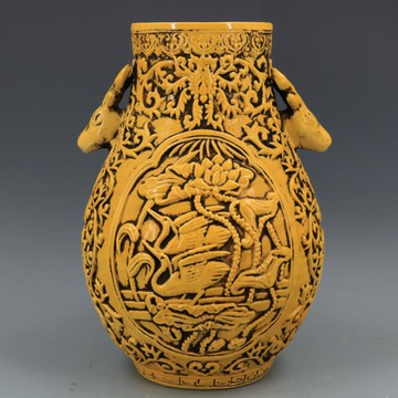 民國黃釉浮雕刻荷花花鳥鹿頭尊福筒仿古老貨工藝品瓷器家居擺件1入