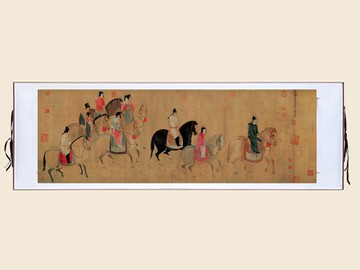 仿古畫復制唐張萱虢國夫人游春圖辦公室書房臥室裝飾掛畫軸裝裱