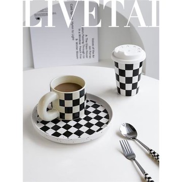 態生活棋盤格陶瓷隨行杯馬克杯簡約復古多用拿鐵咖啡杯冷水吸管杯