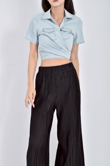 (S) 丹寧牛仔短版綁帶藍色短袖上衣