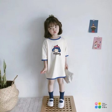 【台灣出貨】女寶寶夏裝純色休閒寬鬆版女童短袖T恤裙可愛拚色中長款上衣