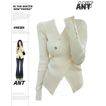 【ANT】杏色掐腰V領針織衫 螺紋針織衫 高級感毛衣 顯瘦上衣 收腰上衣  v領上衣 顯瘦衣服 長袖針織衫 杏色針織衫