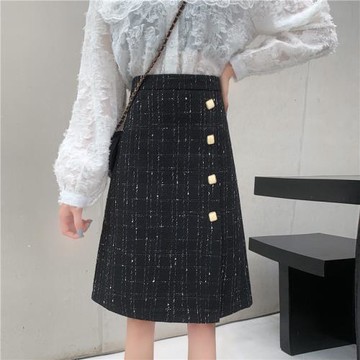 小香風格子中長款半身裙大碼顯瘦韓版高腰ins百搭包臀a字裙胖mm裙