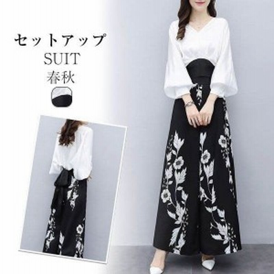 セットアップ レディース 春秋 40代 セットアップ 花柄 キュロットスカート ロング丈 ハイウエスト シフォン Vネック 長袖トップス 通勤 ゆった 通販 Lineポイント最大get Lineショッピング