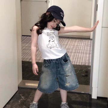 Healthy baby 女童兒童洋氣破洞牛仔中褲中大童寬鬆版春夏新款薄款五分褲潮 女童短褲 兒童短褲  夏裝短褲