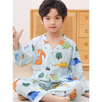 夏季薄款棉綢小孩男童空調服睡衣