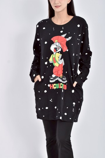 (L) hzl ss棉質純棉長袖印花黑色洋裝