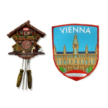 造型布貼＋磁鐵【2件組】 奧地利木屋咕咕鐘冰箱貼＋奧地利 維也納外套刺繡 造型立體磁鐵 大門磁鐵 冰箱磁鐵 白板磁鐵 _廠商直送