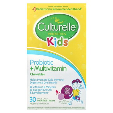 Culturelle, 兒童，益生菌 + 多維生素咀嚼片，3 歲以上，天然水果混合味，30 片咀嚼片