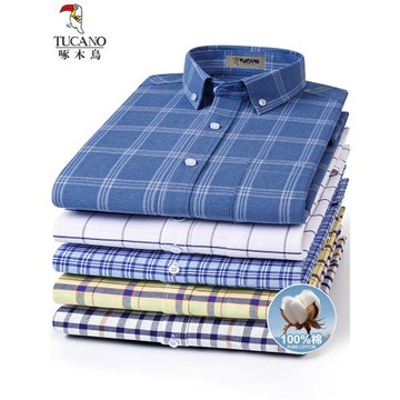 啄木鳥純棉襯衣男長袖格子牛津紡全棉休閑免燙襯衫中年大碼爸爸裝