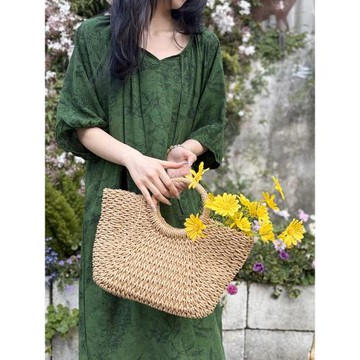 新中式國風睡裙女夏季棉綢復古蝴蝶印花中袖家居人造棉加長連衣裙