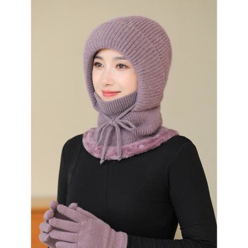 帽子女冬連體帽中老年人媽媽加絨厚毛線帽奶奶騎車保暖防風帽圍脖