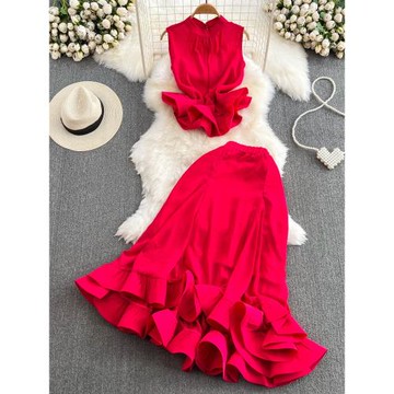 時尚套裝女名媛氣質立領荷葉擺收腰無袖上衣兩件套高腰魚尾半身裙