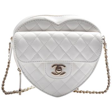 CHANEL  經典雙C LOGO菱格紋小羊皮愛心造型斜背包(白色)