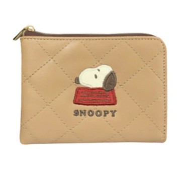小禮堂 史努比 皮質絎縫L型零錢包 (棕狗屋款)