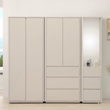 直人木業-莫蘭迪奶油雲朵開門衣櫃組206公分(雙吊+三抽+轉角櫃)