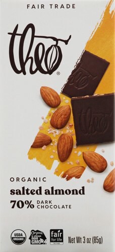 Theo Chocolate Organic Fair Trade 70% Dark Chocolate Bar Salted Almond 3 oz