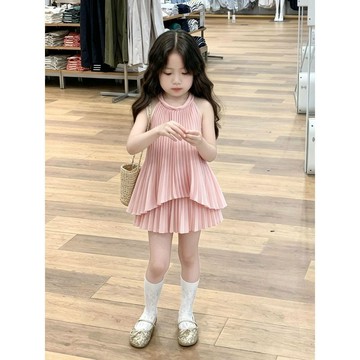 mori🎀mori韓版女童夏季甜美粉色掛脖壓褶背心小女孩千金風荷葉短裙