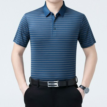 2025夏新款男士冰絲短袖t恤衫休閑時尚條紋商務翻領桑蠶絲上衣男鑫弘-衣錦男裝