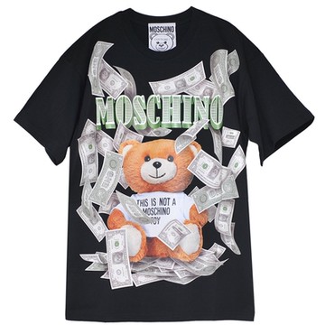 MOSCHINO COUTURE 義大利製鈔票泰迪熊品牌字母LOGO圖騰棉質寬版T恤上衣(黑)