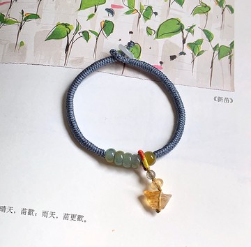 手作 寒江雪。天然緬甸雙彩翡翠編織手鏈 黃水晶元寶五彩繩吊墜