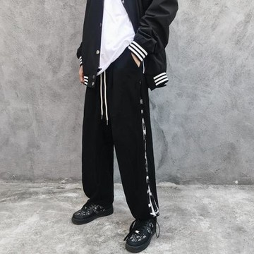 高街潮牌拼接拉鏈直筒長褲男復古寬松情侶百搭休閑抽繩束腳運動褲