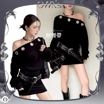 🥀旺斯女孩🥀洞洞斜領洋裝 黑色連身裙 短洋裝 連衣裙 附皮帶 歐美辣妹 秋冬裙裝 氛圍感