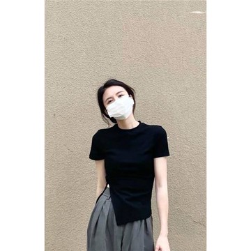 純棉正肩不規則開叉緊身掐腰短袖t恤女夏季設計感小眾顯瘦上衣潮