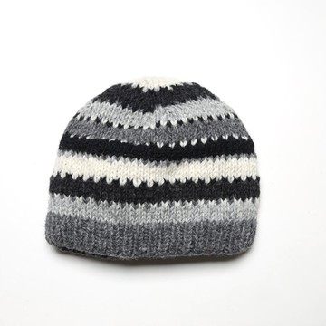 瓜皮黑灰白條配色純羊毛線手工編織半襯防風毛帽子|北歐風格|聖誕