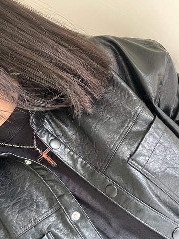 古董Vintage法國信仰黑橘琺瑯藝術聖母耶穌十字架項鍊N634