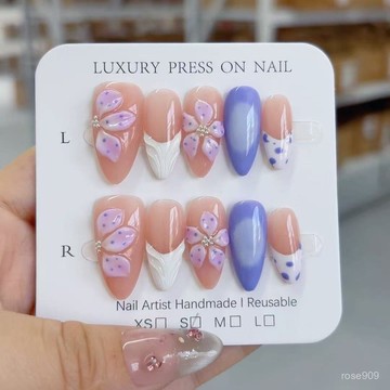 ✨Hannah✨穿戴甲冰透藍色係鵰花純慾貼鑽氛圍感日常百搭可拆卸美甲成品純手工穿戴甲 YBZ0