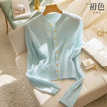 初色 純色單排釦圓領長袖麻花針織衫上衣女上衣-藍色-10865(F可選)