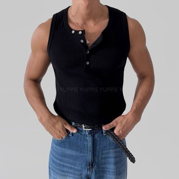 正韓肌肉款修身羅紋亨利領無袖背心 3色 YUPPIE 預購商品 0825